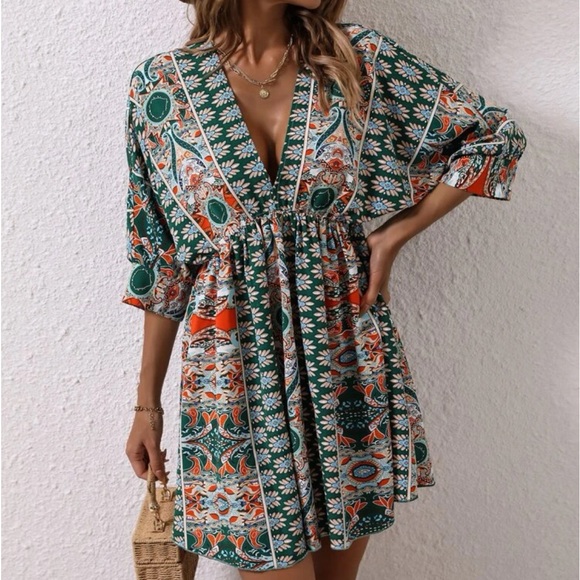 Boho Floral Print Batwing Sleeve Dress Green - Picture 2 of 5